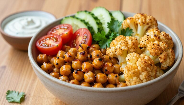 “Smoky Harissa Honey Chickpea Bowls with Crispy Cauliflower”